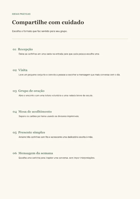 Página do guia com ideias numeradas de uso, como recepção, visita e grupo de oração