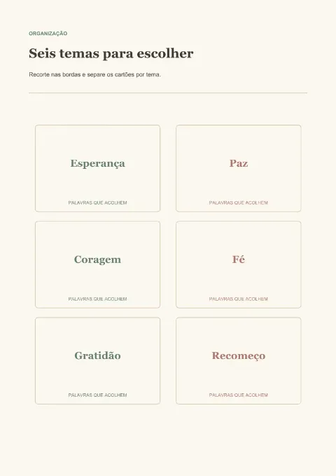 Página com seis separadores, um para cada tema das cartinhas