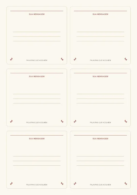 Folha com seis cartões em branco, com o título Sua mensagem e linhas para escrever