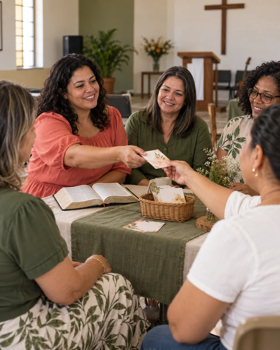 Cena ilustrativa: mulheres trocando cartinhas num encontro