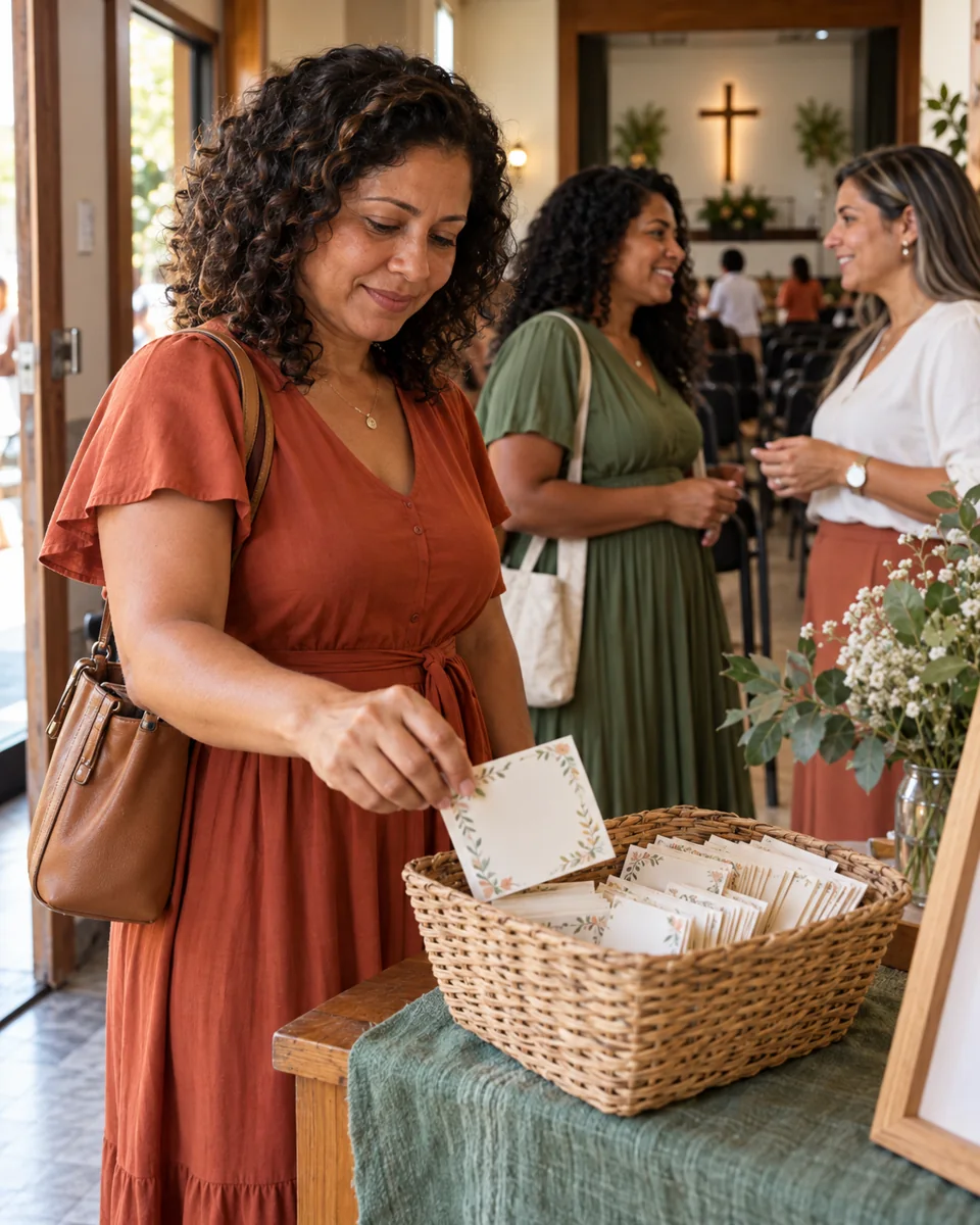 Cena ilustrativa: cesta com cartinhas na igreja, de onde cada pessoa escolhe uma