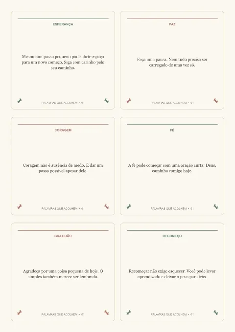 Página do PDF em A4 com seis cartinhas: esperança, paz, coragem, fé, gratidão e recomeço